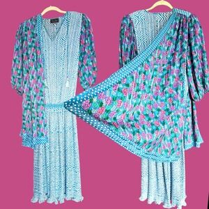 Vintage Diane Freis Georgette Dress with Floral & Geometric Prints and Scarf‎